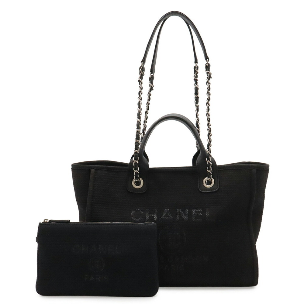 CHANEL Deauville Line Small Bag Tote Chain Shoulder Canvas Black AS3257